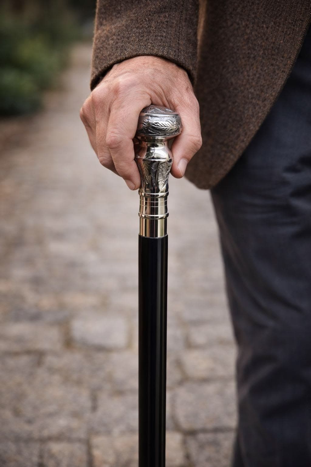 An older gentleman's hand resting on the engraved silver knob of a black walking cane